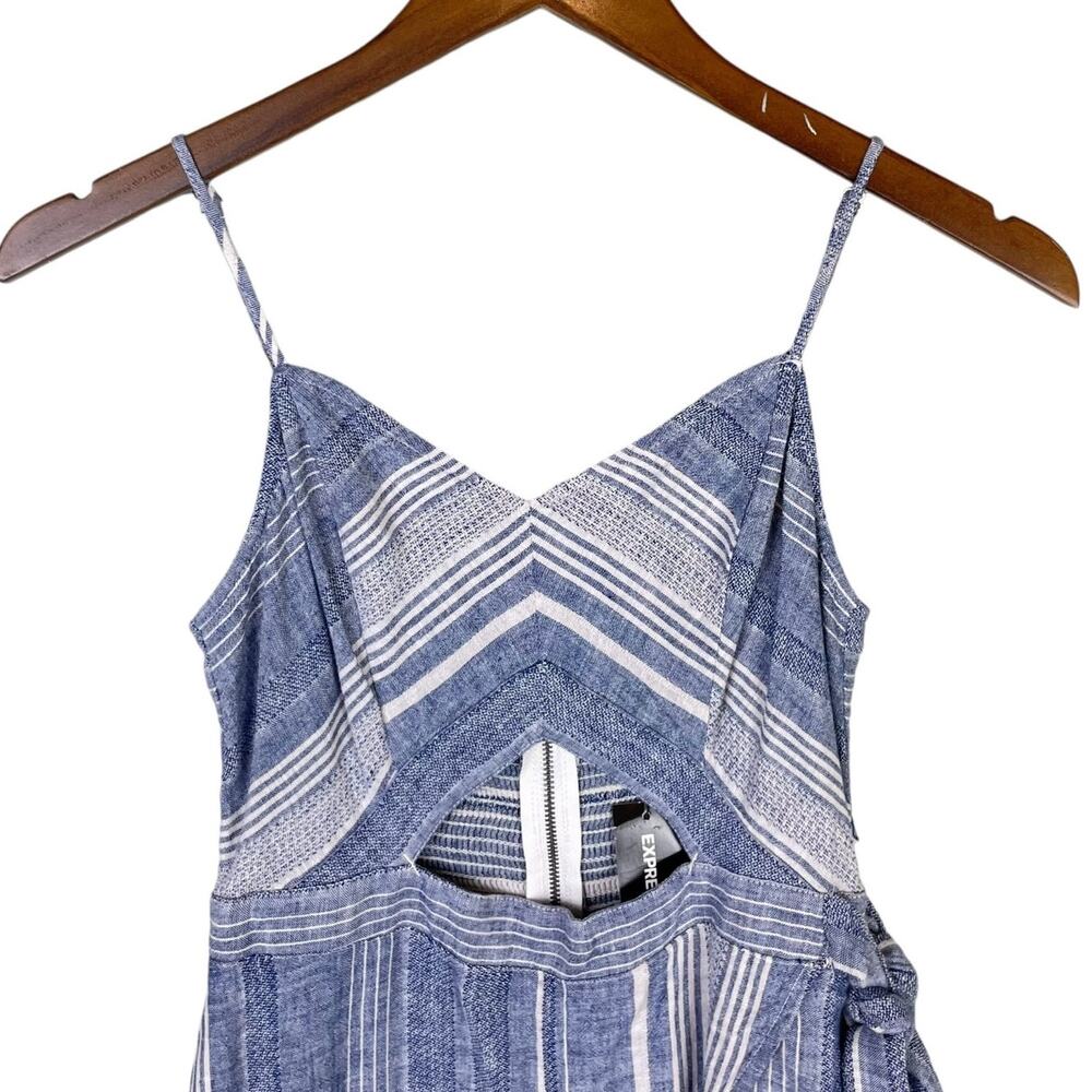 Express NWT Blue White Stripe Linen Blend Cut Out Strappy Wrap Midi Dress - Picture 5 of 12